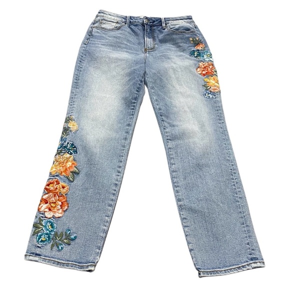 Driftwood Gizelle Boho Embroidered Floral Jeans Size 27 Light Wash Tapered Leg - Picture 1 of 10